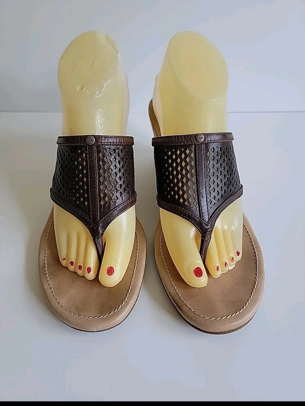 UGG Solena Wedge Sandals Brown Leather Lattice - Open Toe
